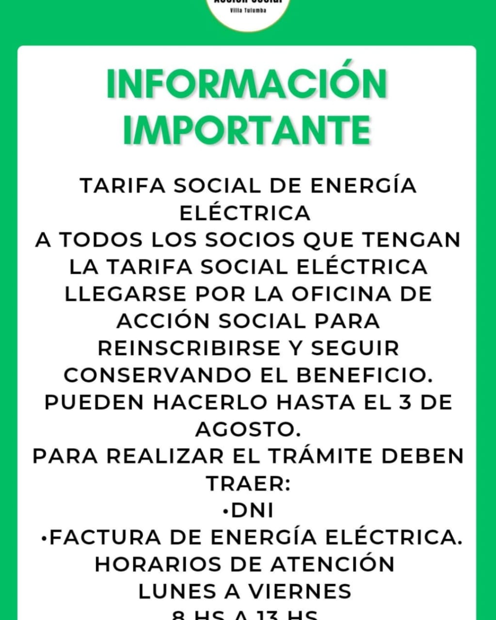 VILLA TULUMBA: INFORMACIÓN PARA LOS BENEFICIARIOS DE TARIFA SOCIAL ELÉCTRICA 