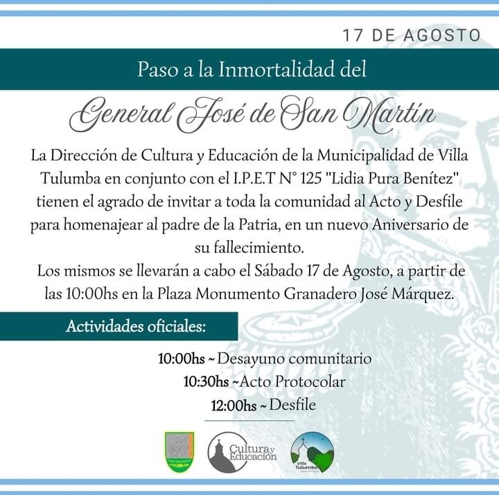 VILLA TULUMBA: LA MUNICIPALIDAD INVITA AL ACTO PROTOCOLAR Y DESFILE A CONMEMORACIÓN DEL GENERAL SAN MARTÍN 